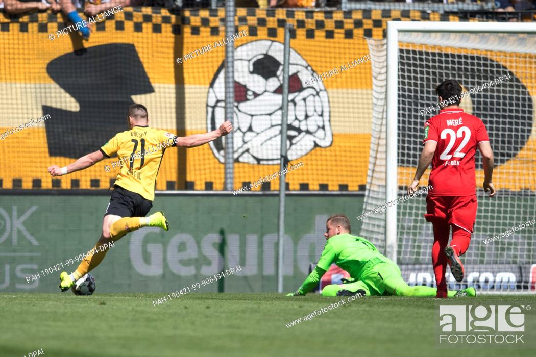 Stock Photo: 21 April 2019, Saxony, Dresden: Soccer: 2nd Bundesliga, Dynamo Dresden - 1st FC Cologne, 30th matchday, in the Rudolf Harbig Stadium.