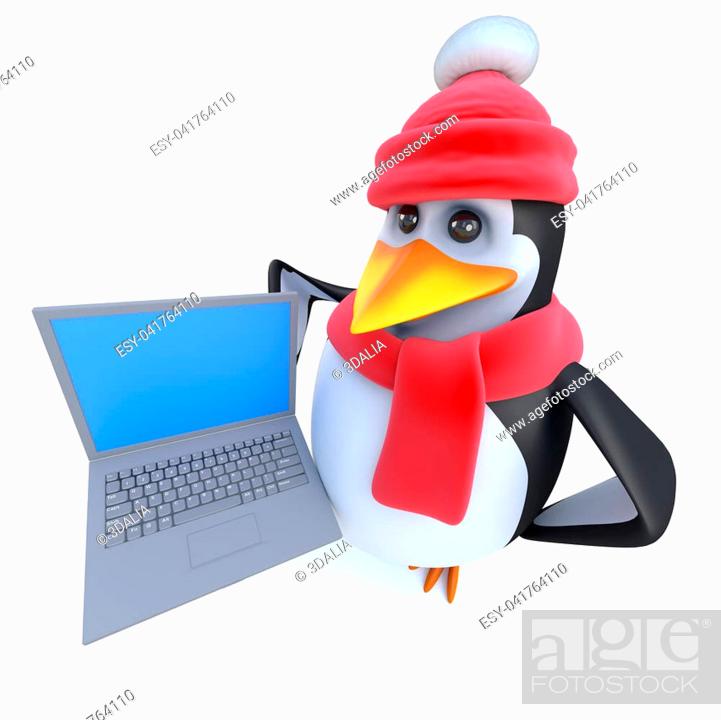 3d render of a funny cartoon penguin dressed for winter and holding a  laptop pc, Stock Photo, Picture And Low Budget Royalty Free Image. Pic.  ESY-041764110 | agefotostock