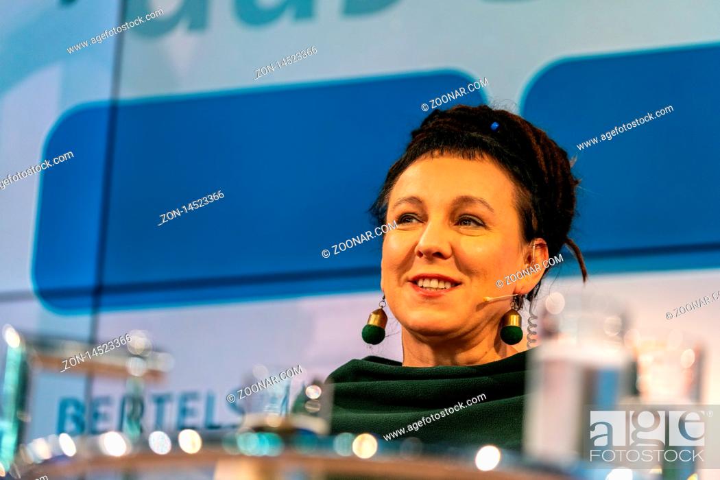 Stock Photo: FRANKFURT AM MAIN, Germany - October 16 2019: Olga Tokarczuk (*1962, author - Nobel Prize Winner in Literature 2018) talking on stage at 71st Frankfurt Book.
