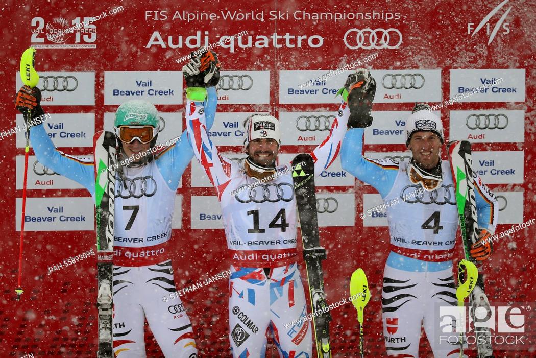 Stock Photo: (L-R) Fritz Dopfer of Germany, Jean-Baptiste Grange of France and Felix Neureuther of Germany react after the mens slalom at the Alpine Skiing World.