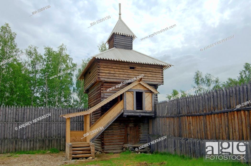 Stock Photo: Spassky tower of the Ylym jail, 1667, Irkutsk Architectural and Ethnographic Museum Taltsy, settlement of Talzy, Irkutsk region, Baikal, Siberia.