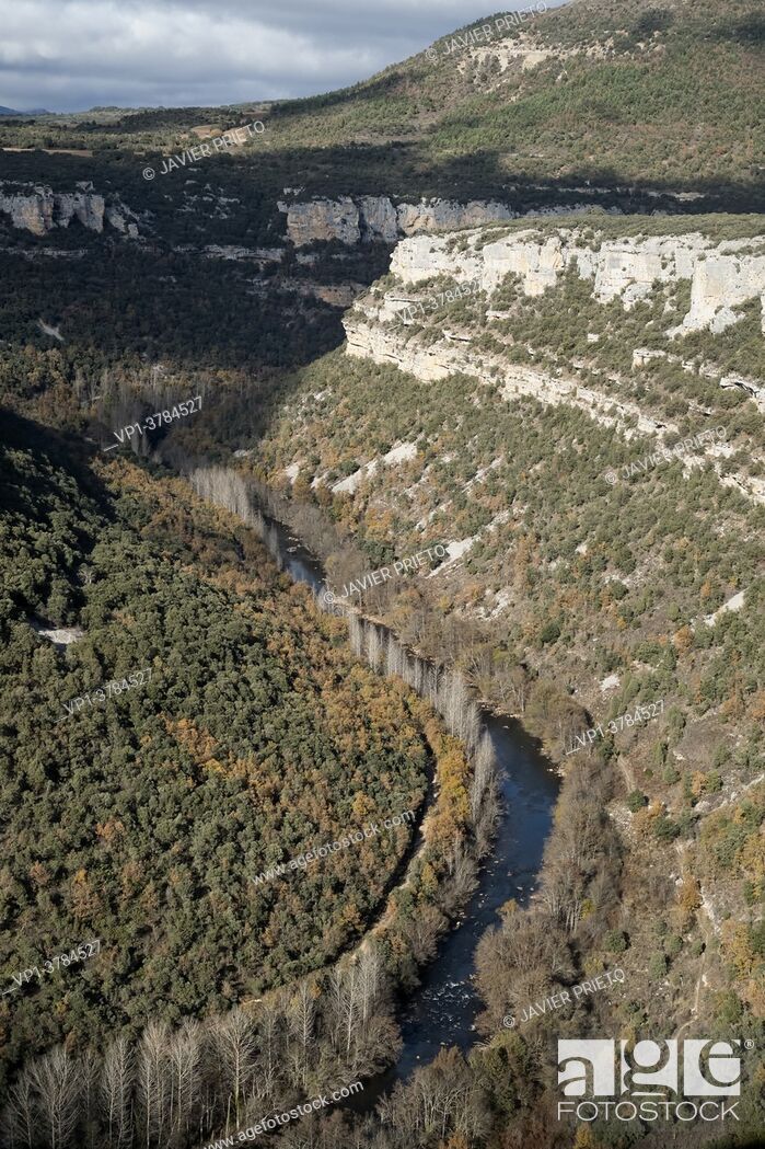 Stock Photo: View of one of the meanders of the Canyons of the Ebro from the long-distance trail GR. 99. The Merindades. Burgos. Castile and Leon. Spain.