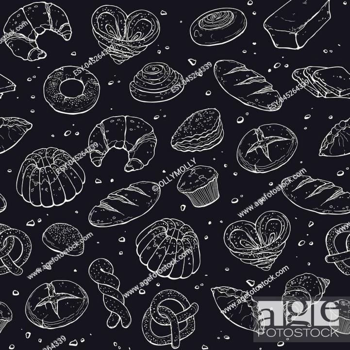 Hand drawn bread seamless pattern white on black. Bakery sketch style  vector background, Stock Vector, Vector And Low Budget Royalty Free Image.  Pic. ESY-045264339 | agefotostock