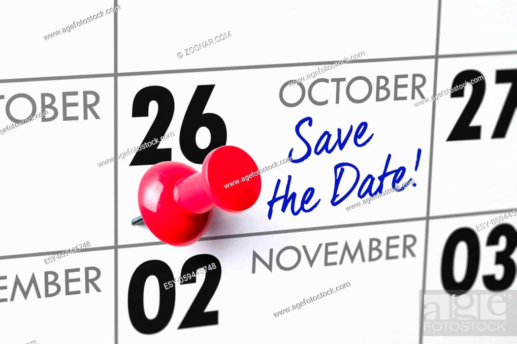 Stock Photo: Wall calendar with a red pin - October 26.