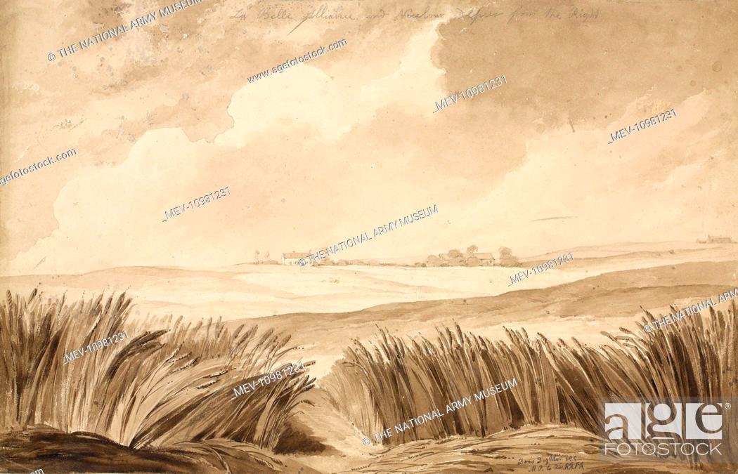 Stock Photo: Battle of Waterloo, 1815 - No 4 La Belle Alliance and NeuvCour[?] [text illegible].Sepia watercolour over pencil on paper by Denis Dighton (1792-1827), 1815.