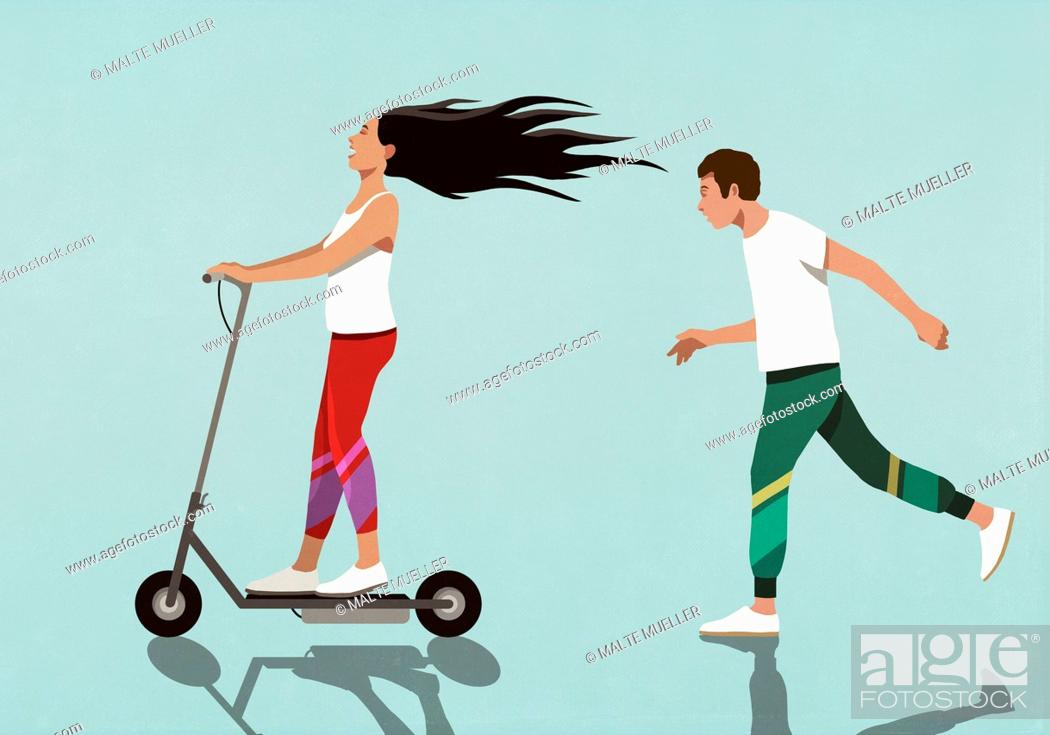 Stock Photo: Boyfriend running behind carefree girlfriend on electric scooter.