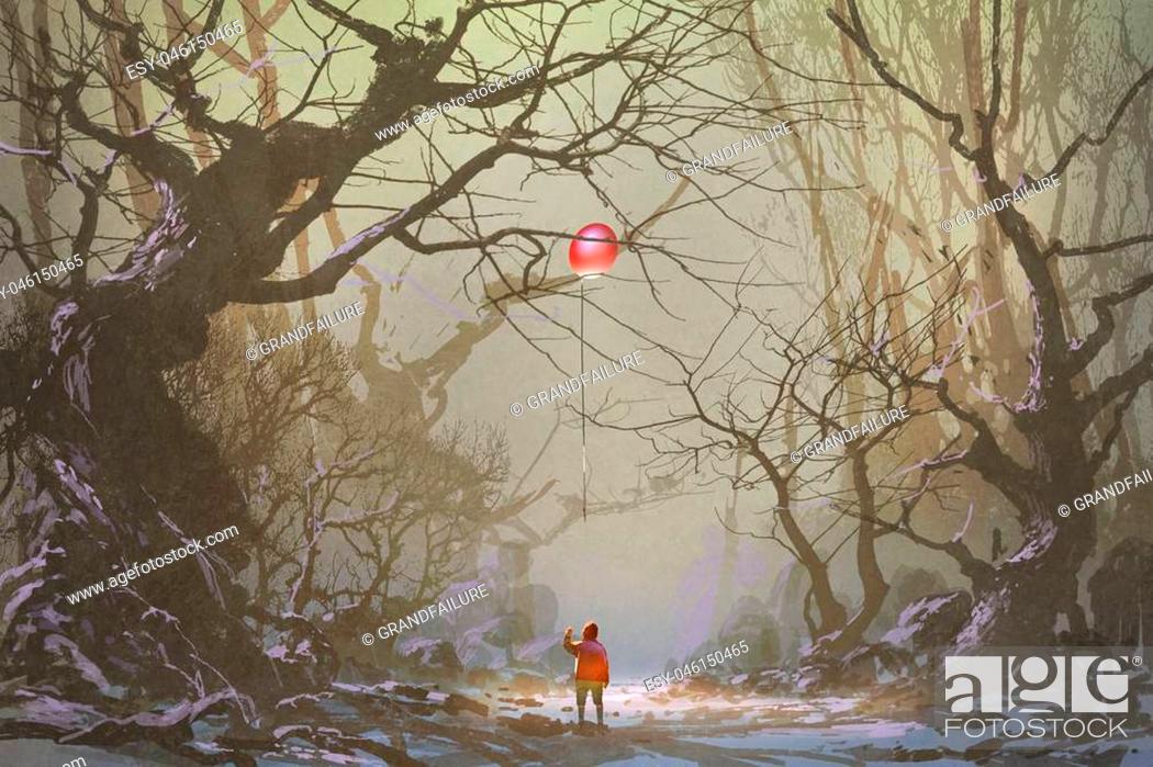 6x8 FT Backdrop Photographers,Boy Looking Up Red Balloon Stuck on Tree Branch in Foggy Forest Creepy Picture Background for Baby Shower Birthday Wedding Bridal Shower Party Decoration Photo Studio 
