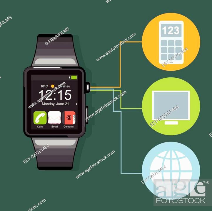 A black smart watch with time, calls, contacts, battery and weather icons on the display..., Stock Vector, Vector And Low Budget Royalty Free Image. Pic. ESY-029761484 | agefotostock