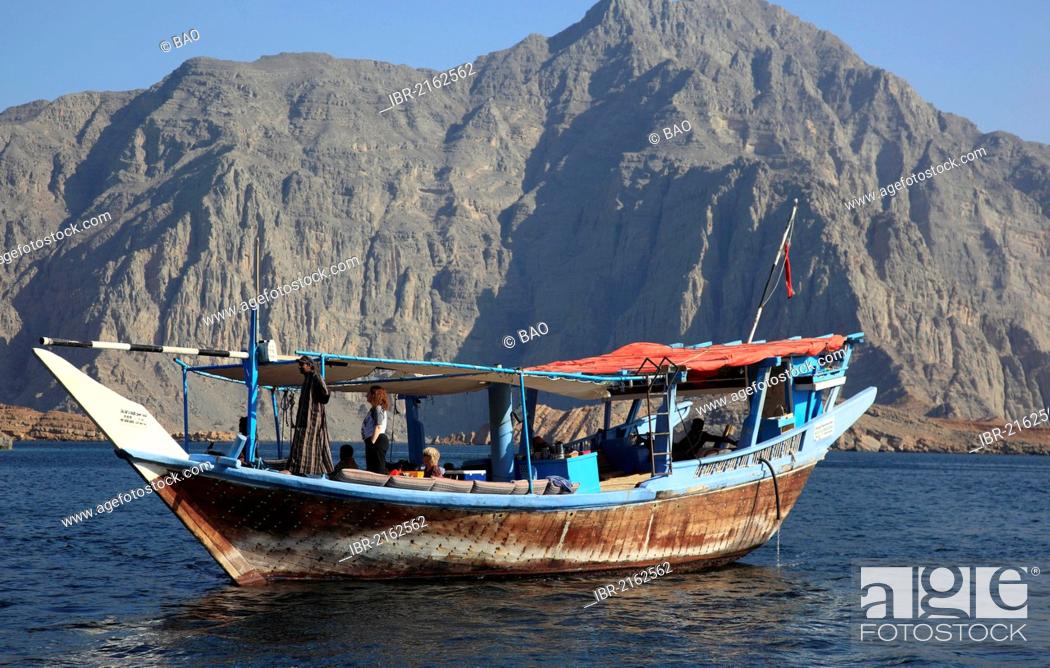 Stock Photo: Dhow in the Bays of Musandam, Shimm Strait, in the Omani enclave of Musandam, Oman, Arabian Peninsula, Middle East, Asia.