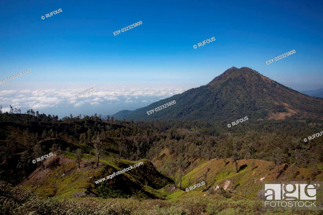 Stock Photo: View from the tropical forest with path to the volcano Kawah Ijen, East Java, Indoneisa.