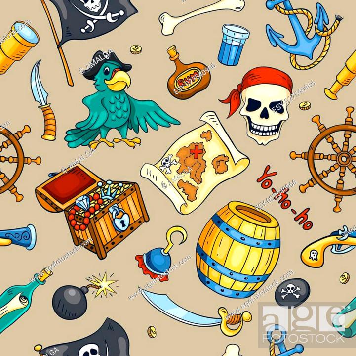 Vector: Pirate color seamless pattern. Sketch cartoon background.