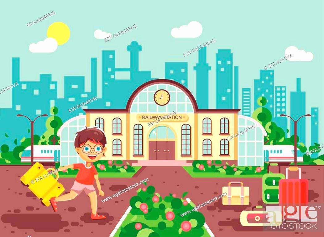 Stock vector illustration of cartoon character child, late boy running at railway  station building..., Stock Vector, Vector And Low Budget Royalty Free  Image. Pic. ESY-043648348 | agefotostock