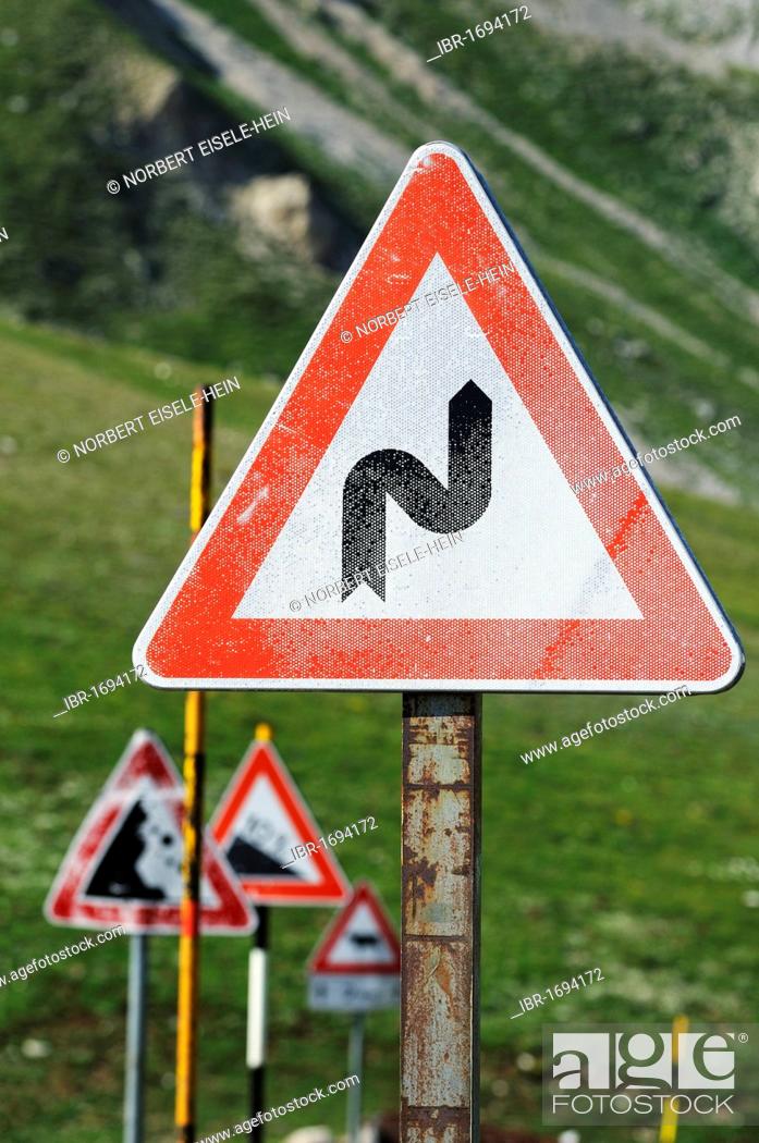 Stock Photo: Forest of traffic signs in the Campo Imperatore, Gran Sasso National Park, Abruzzo, Italy, Europe.