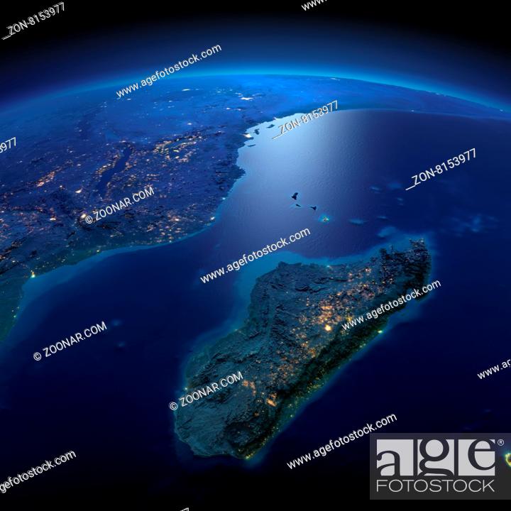 Photo de stock: Night planet Earth with precise detailed relief and city lights illuminated by moonlight. Africa and Madagascar. Elements of this image furnished by NASA.