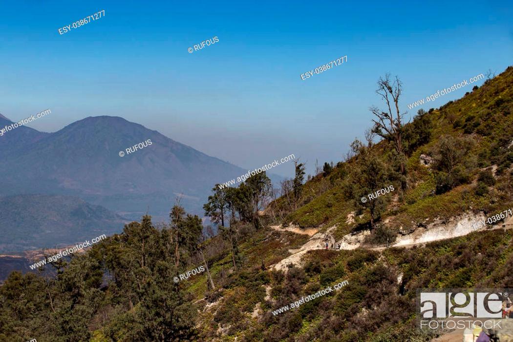 Stock Photo: View from the tropical forest with path to the volcano Kawah Ijen, East Java, Indoneisa.