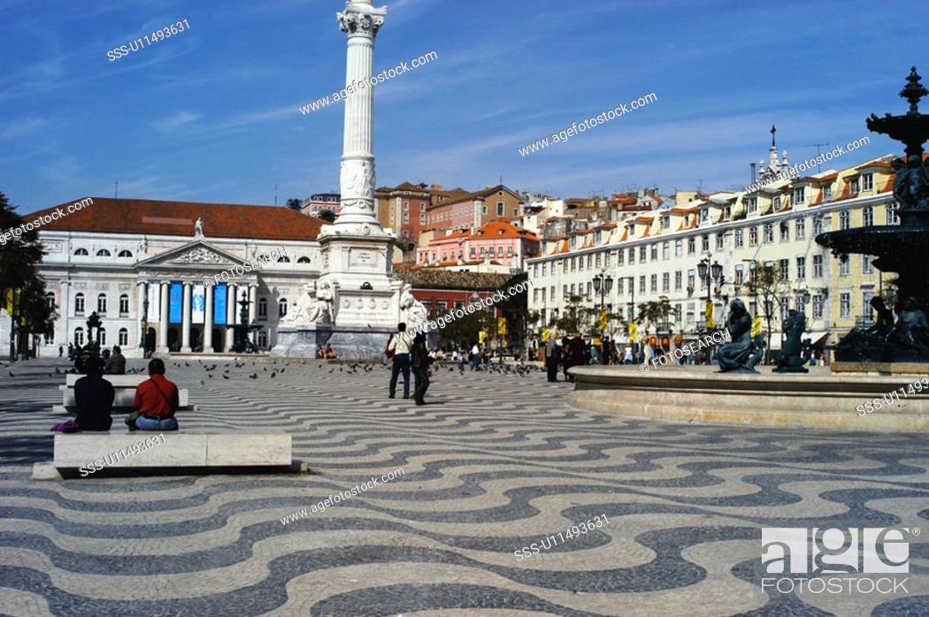 Stock Photo: Europe, City, Column, Architecture, Building, Facade, Town, Square, Lisbon, Portugal, Ii, Pavement, European, Theater, Sidewalk, Maria, Rossio