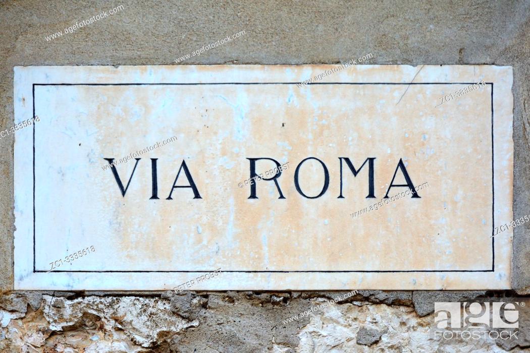 Stock Photo: Street sign of the street Via Roma in the historic centre of Verona - Italy.