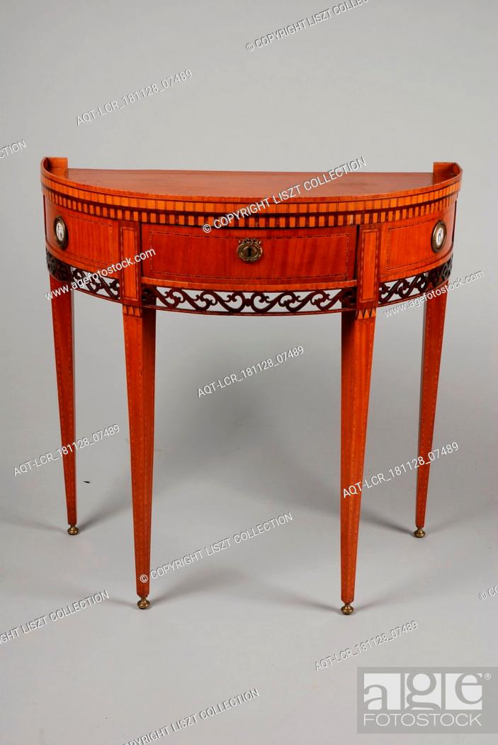 Stock Photo: Louis Seize half-moon table, table furniture interior design wood oak wood lumber purple heartwood maple wood brass ceramic porcelain.