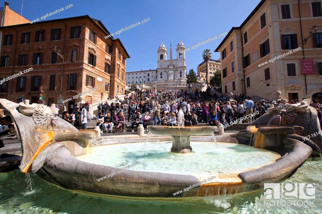 Stock Photo: Barcaccia fountain, Spanish steps and Piazza di Spagna, Rome, Lazio, Italy, Europe.