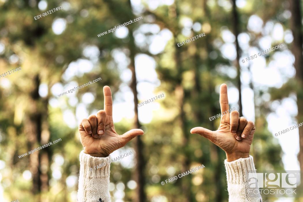 Stock Photo: Nature and save forest trees world with hands of woman nad green background wood - your text here and copy space concept environement image - no deforestation.
