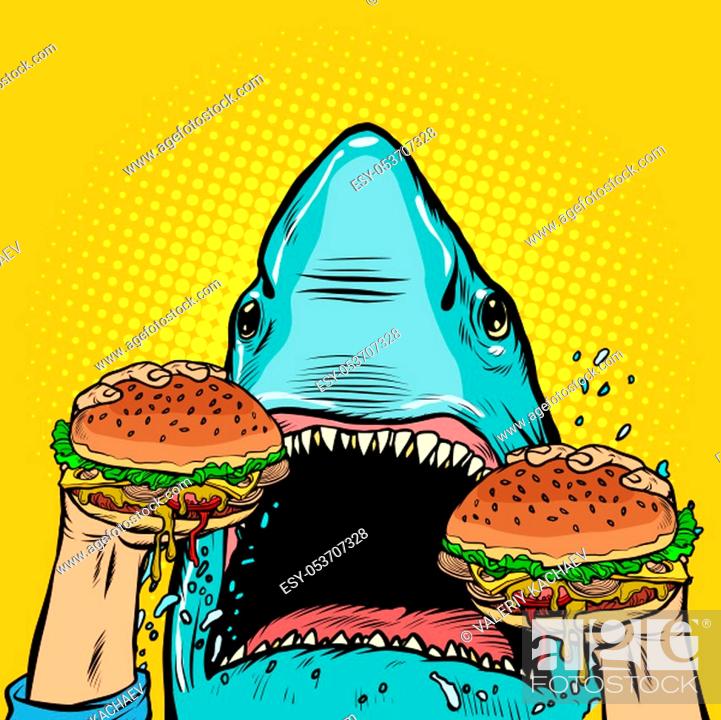 Hungry shark eat the Burger. Pop art retro vector illustration drawing,  Stock Photo, Picture And Low Budget Royalty Free Image. Pic. ESY-053707328  | agefotostock