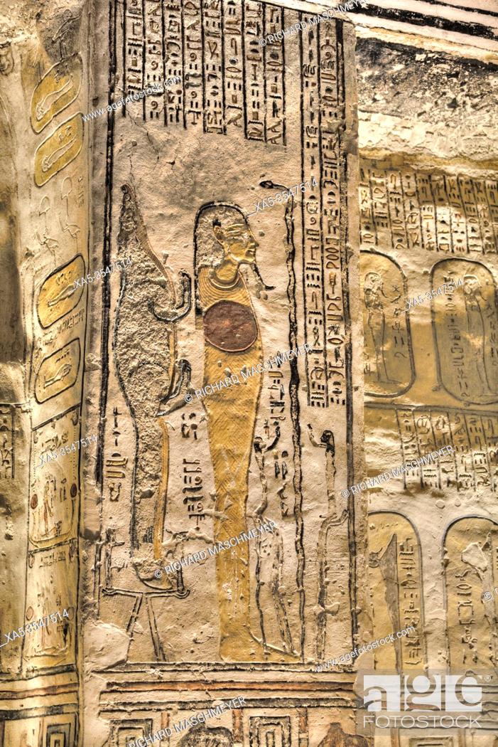 Stock Photo: Reliefs, Pharaoh on Square Pillar, Tomb of Ramses V & VI, KV9, Valley of the Kings, UNESCO World Heritage Site, Luxor, Egypt.