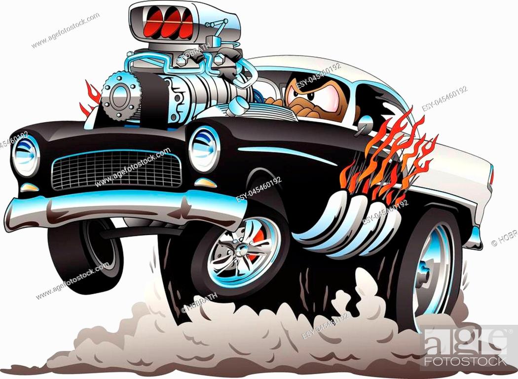 Hot American 1950's style muscle car cartoon. Glossy black and white paint,  Stock Vector, Vector And Low Budget Royalty Free Image. Pic. ESY-045460192  | agefotostock