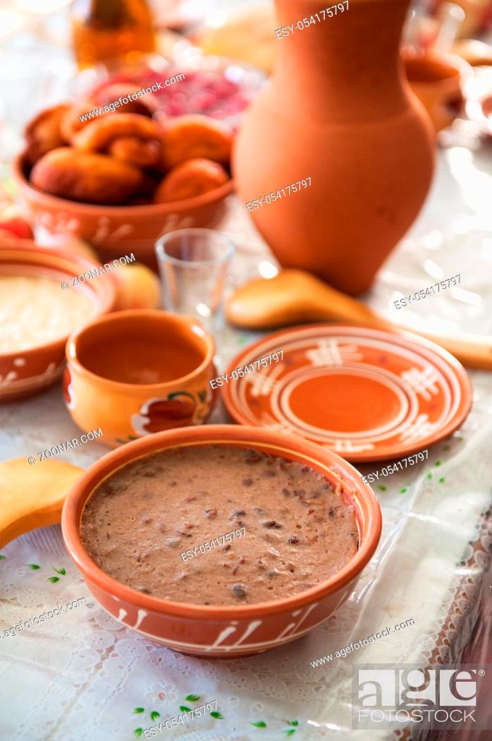 Stock Photo: table with traditional old slavonic food.