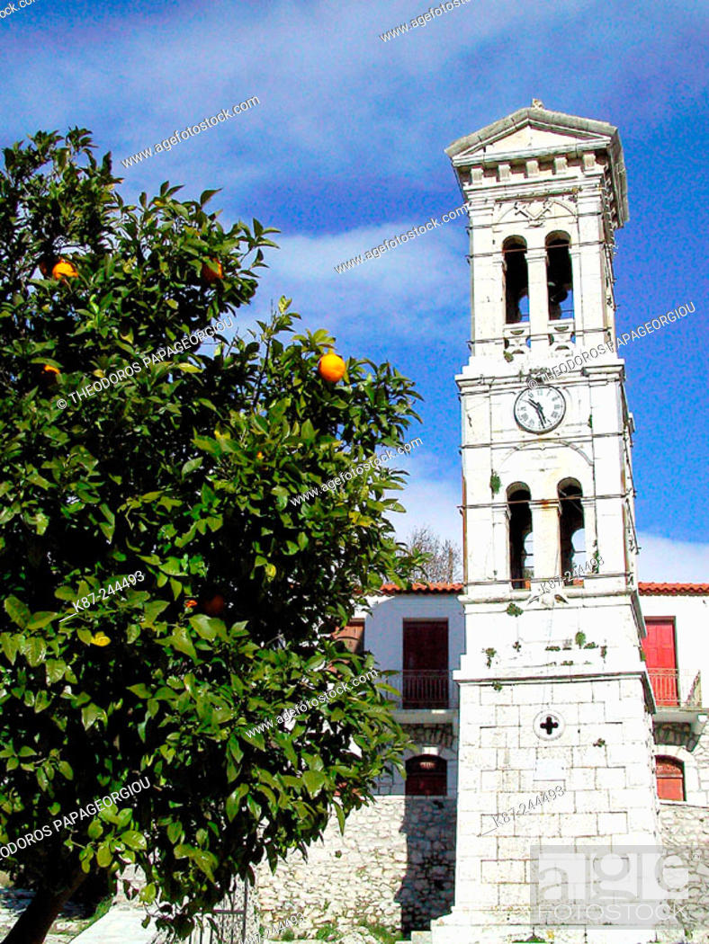 Stock Photo: Bell tower of Zoodohos Pigi church. Karitena. Arcadia, Peloponnese. Greece.