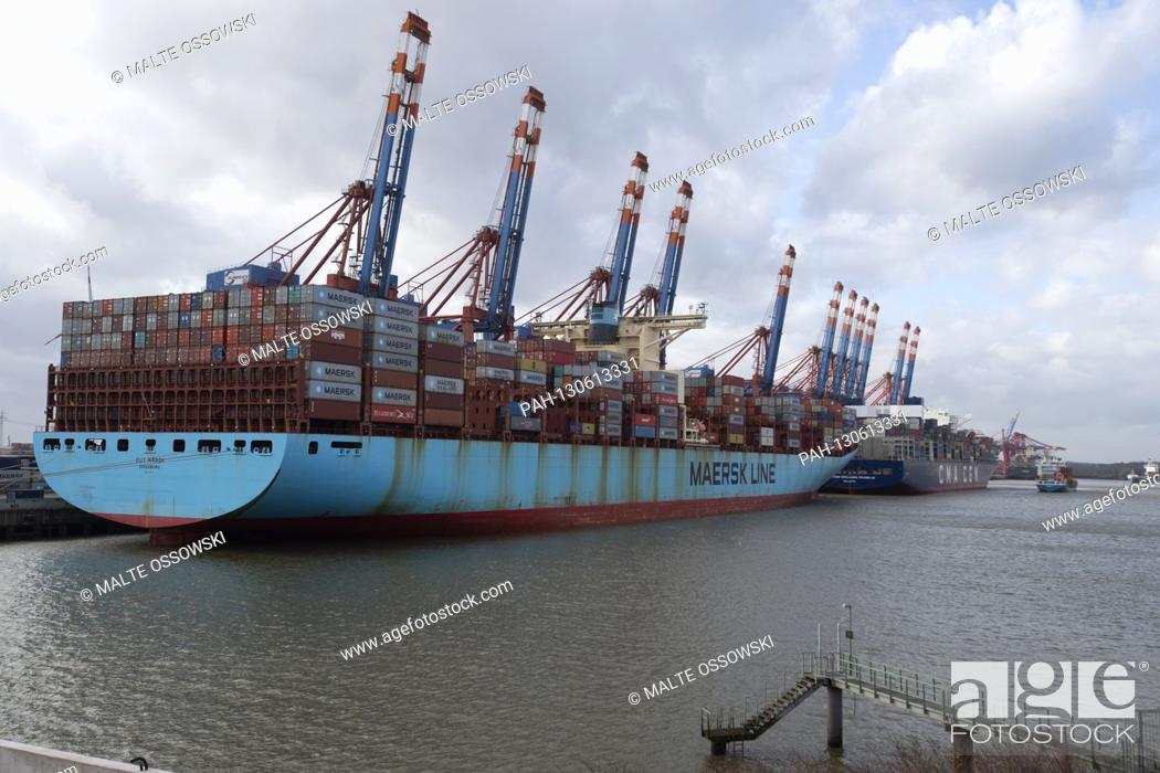 Stock Photo: the container ship Elly Maersk at the container terminal Eurogate is loaded over container bridges, behind it the CMA CGM Benjamin Franklin.