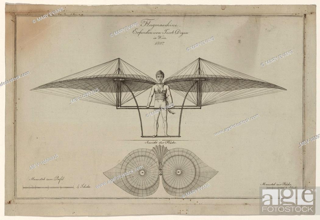 Stock Photo: Flugmaschine. Erfunden von Jacob Degen in Wien, 1807. Technical illustration shows elevation and horizontal section of a man-powered flying machine constructed.