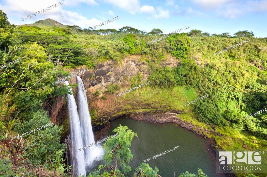 Stock Photo: The famous Wailua Falls in Kauai, Hawaii.