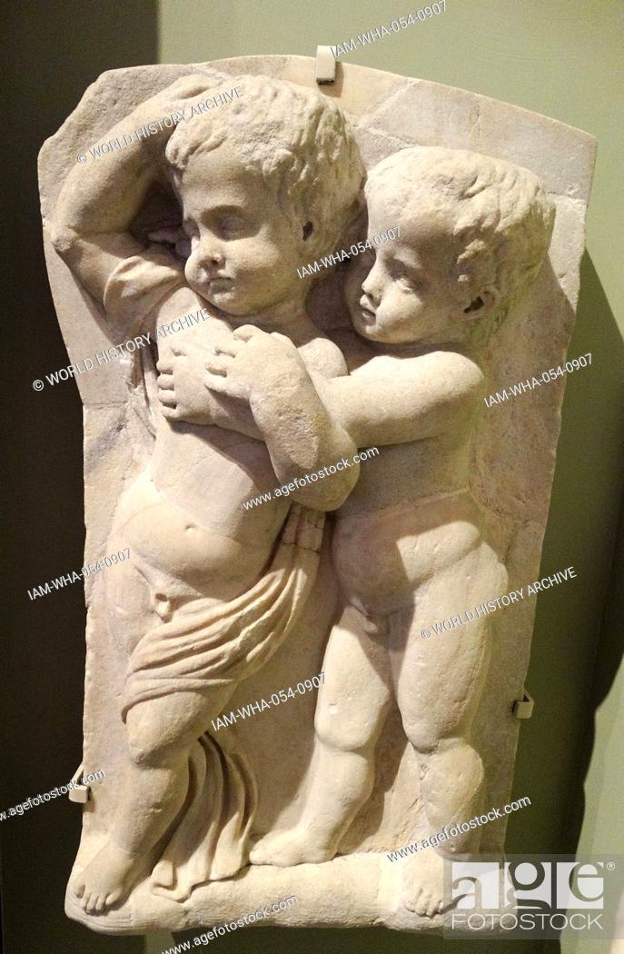 Stock Photo: drunken boys honour Bacchus the Roman god of wine; Roman marble sarcophagus (detail) 150 AD.