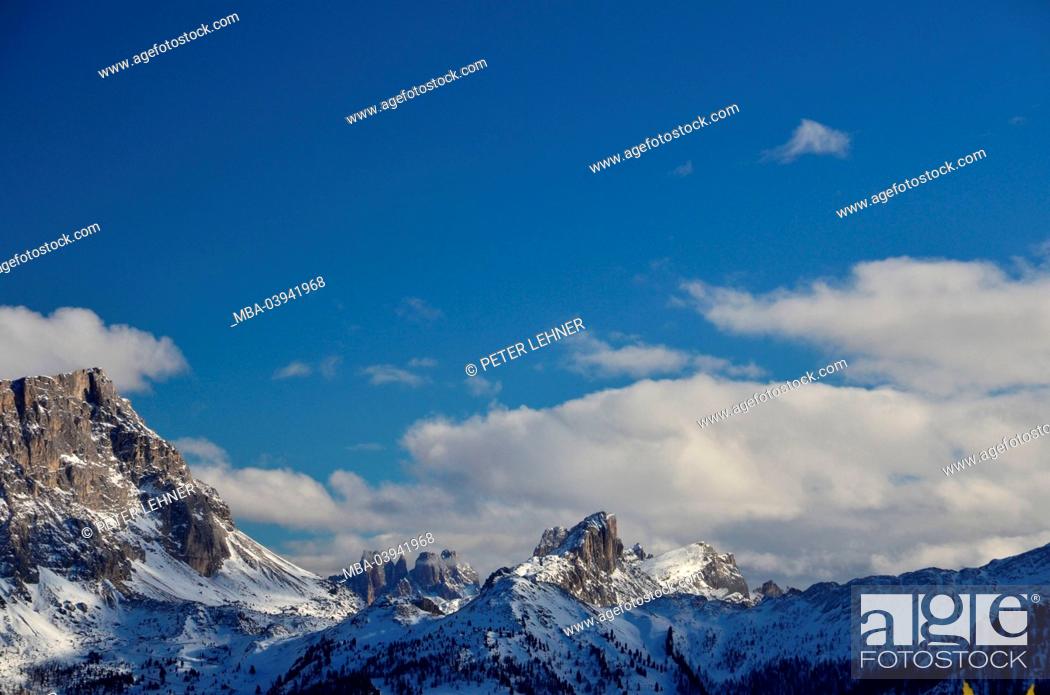 Stock Photo: Italy, South Tirol, Gadertal, the Dolomites, mountain peaks, winters, cloudy skies.