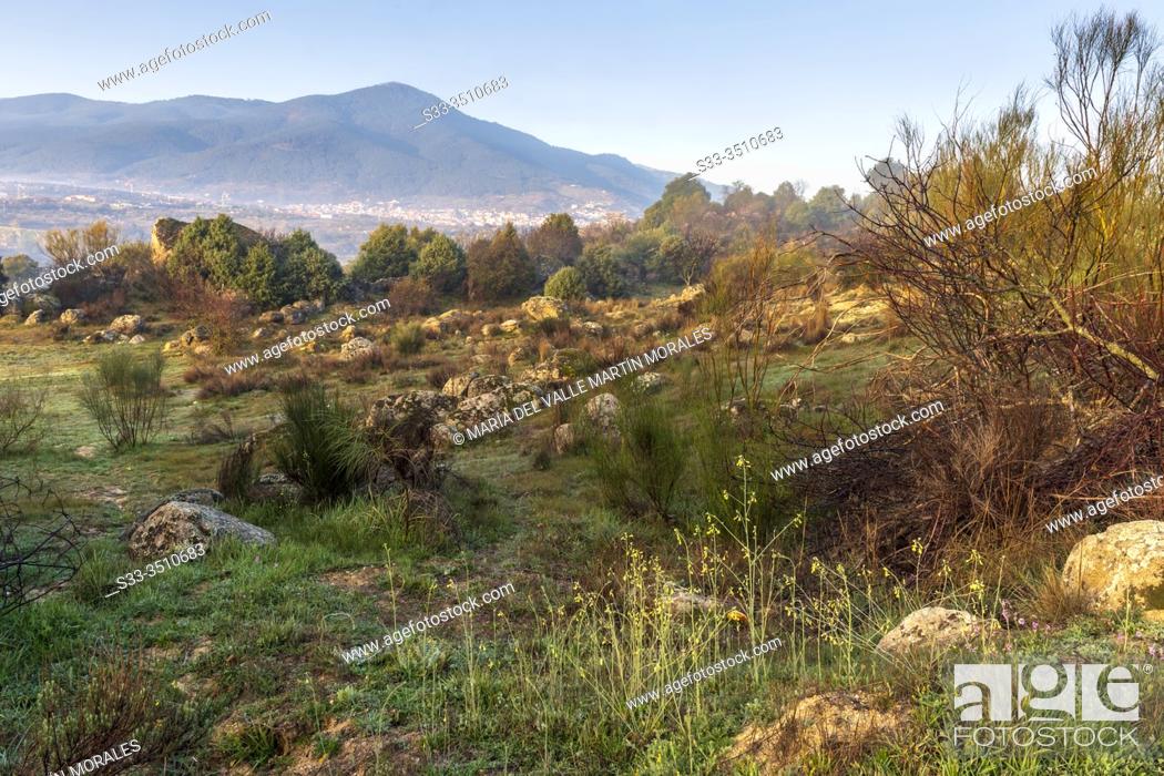 Stock Photo: Valley of Alberche and fog at Sierra de Gredos on the background. Cebreros. Avila. Spain. Europe.