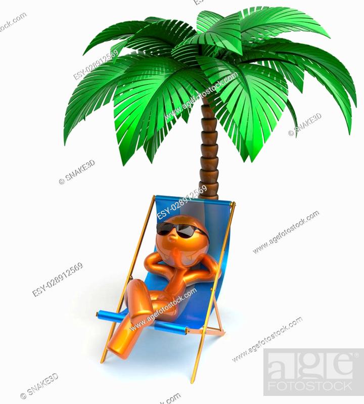 Cartoon character chilling beach deck chair man relaxing palm tree  sunglasses summer comfort..., Stock Photo, Photo et Image Low Budget  Royalty Free. Photo ESY-028912569 | agefotostock
