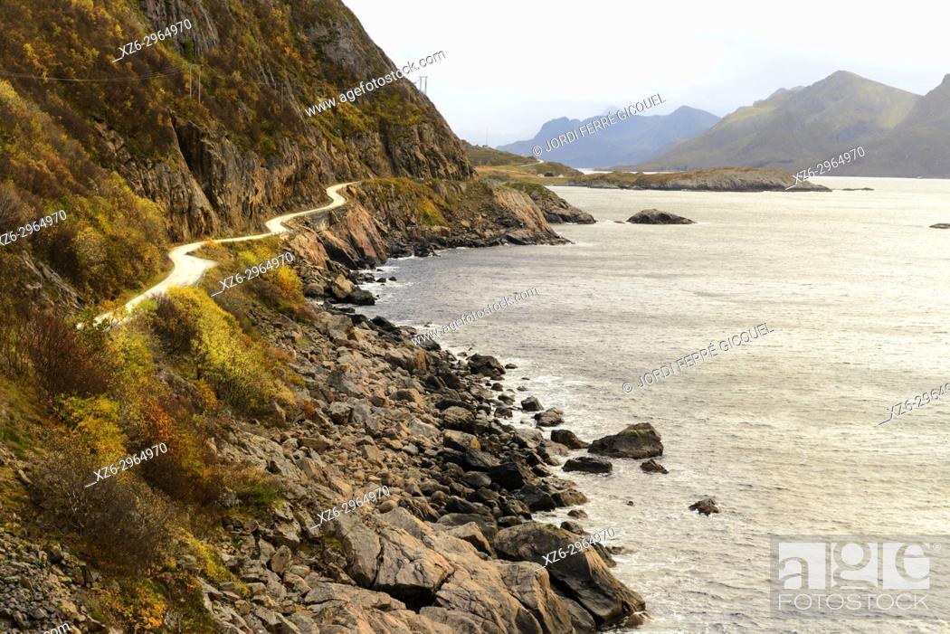 Stock Photo: Road to Nyksund, Myre, Langøya island, Archipelago of Vesterålen, county of Nordland, Norway, Europe.