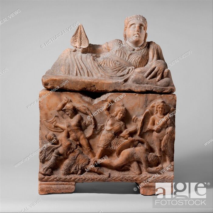 Stock Photo: Alabaster cinerary urn. Period: Hellenistic; Date: 3rd century B.C; Culture: Etruscan; Medium: Alabaster; Dimensions: H. with cover 33 1/2 in. (85.