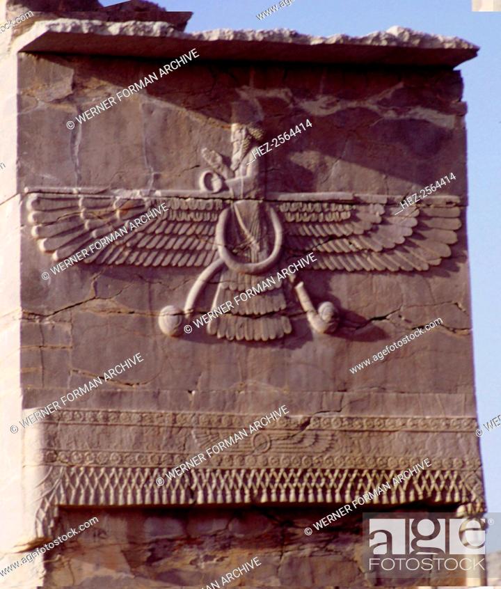 Stock Photo: Relief detail depicting the Zoroastrian god Ahuramazda  Culture: Ancient Persian/ Achaemenian. Date/Period: first half of 5th C BC.