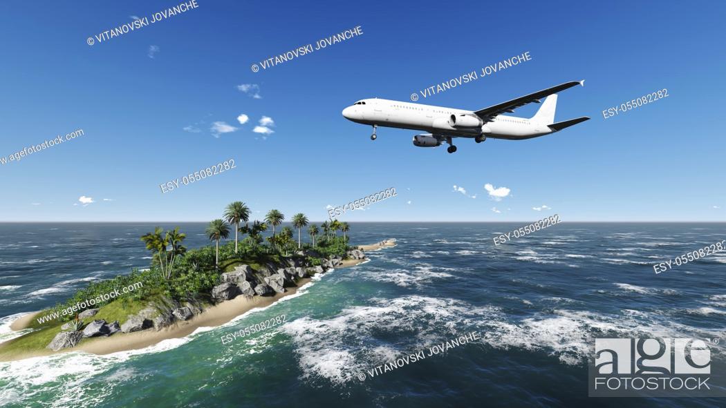 Stock Photo: Airliner passing over palm trees made in 3d software.