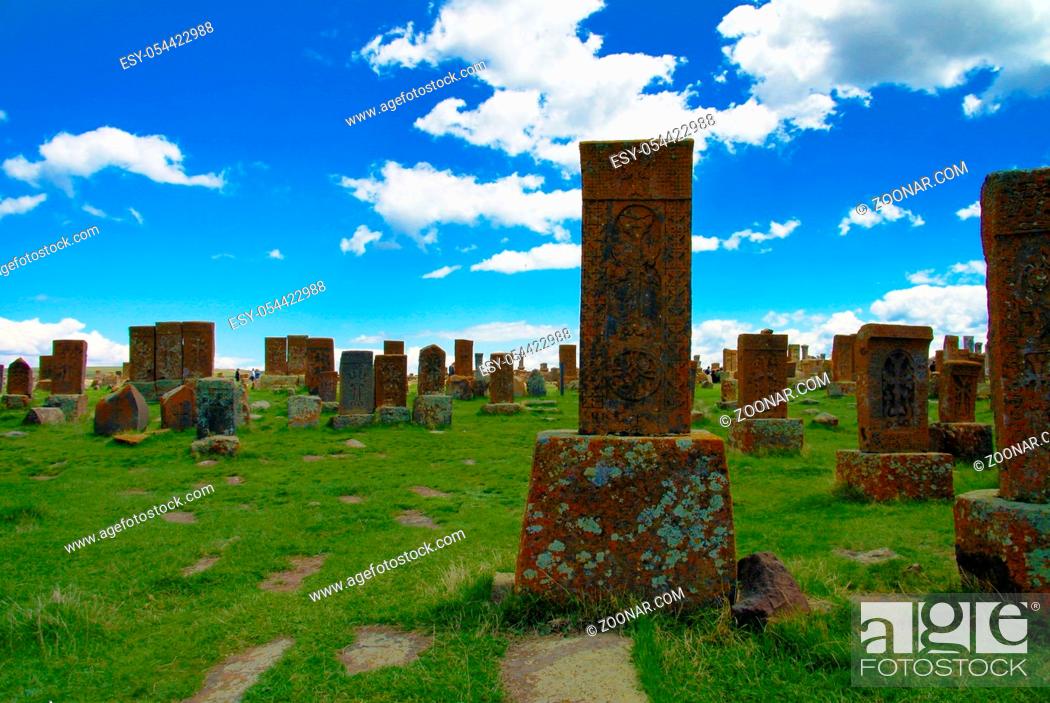 Stock Photo: Stone slabs aha khachkar in Noratus cemetery, Armenia.