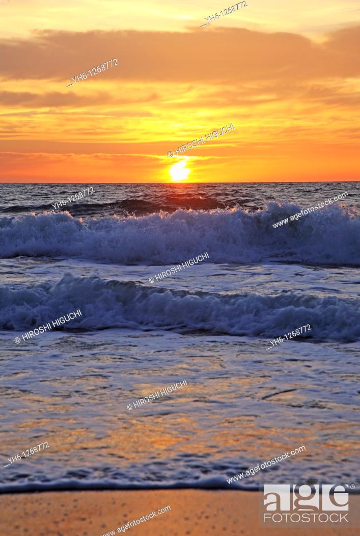 Stock Photo: France, Gironde, Montalivet-les-Bains, sunset at Atlantic Ocean.
