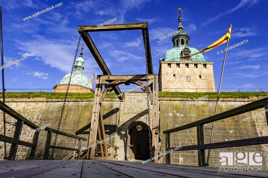 Stock Photo: Kalmar, Sweden The grounds of the Kalmar Castle, moat and drawbridge.