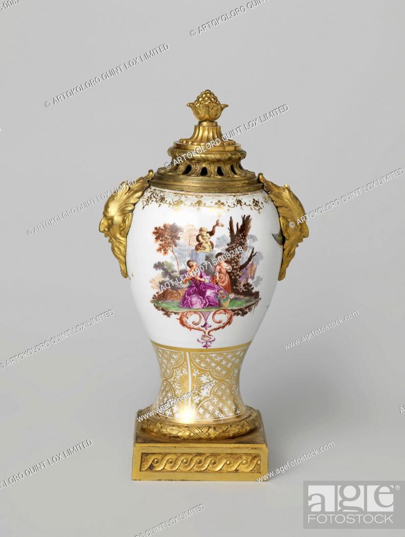 Stock Photo: Three vases, part of a garniture, Vase, multicolored painted with figures in landscapes, Baluster-shaped vase of painted porcelain.