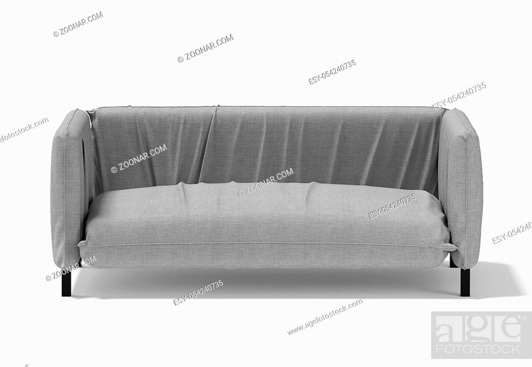 Stock Photo: Comfortable sofa with pillows, covered with gray material. 3D rendering.
