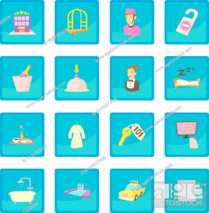 Hotel items set. Cartoon illustration of 16 hotel items vector icon blue app  for any design vector..., Stock Vector, Vector And Low Budget Royalty Free  Image. Pic. ESY-049577085 | agefotostock