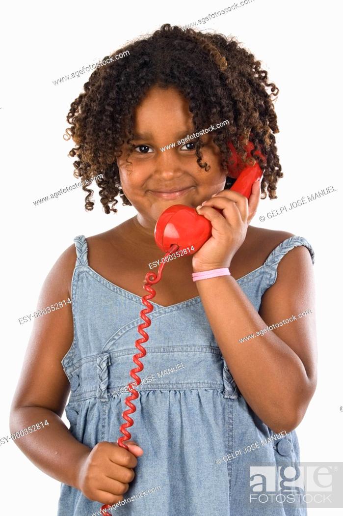 Stock Photo: Pretty girl with red phone.