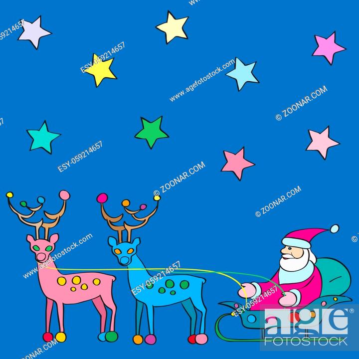 Stock Photo: Hand drawn multicolored illustration of Santa Claus in a sleigh with reindeer under the starry sky.