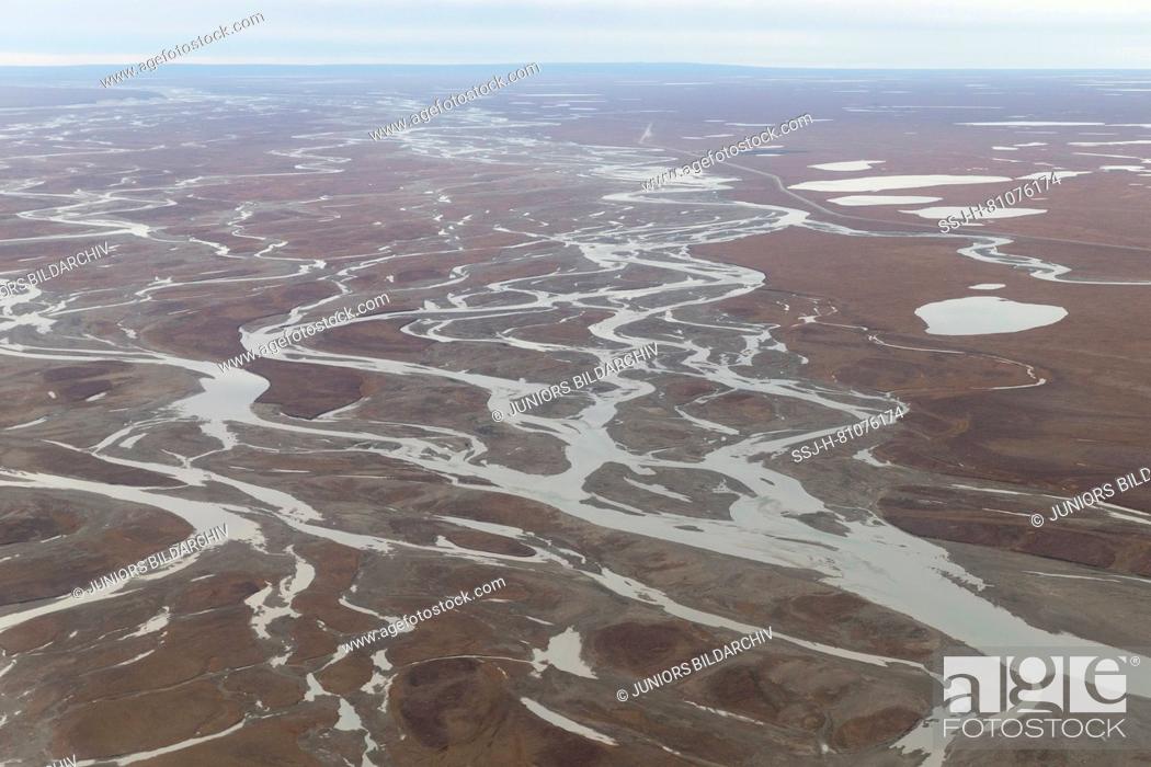 Stock Photo: Aerial view with the Sagavanirktok River or Sag River. United States, Alaska, Arctic National Wildlife Refuge, North Slope Borough.