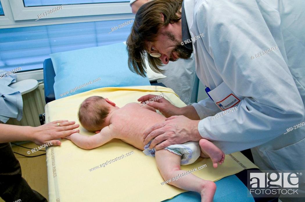 Stock Photo: Photo essay at the department of dermatology at the Bocage hospital, University Hopital of Dijon, France. Consultation in pediatrics for eczema on a 7-month-old.